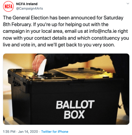 If you're up for helping out with the NCFA campaign in your local area, email us at info@ncfa.ie right now with your contact details and which constituency you live and vote in, and we'll get back to you very soon